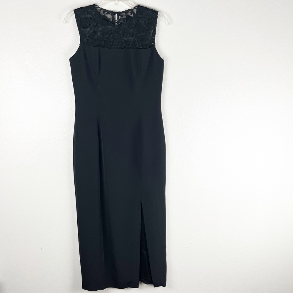 PAT ARGENTI Evening Wear Classic Black Velvet Lace Top Front Split Dress Size 6